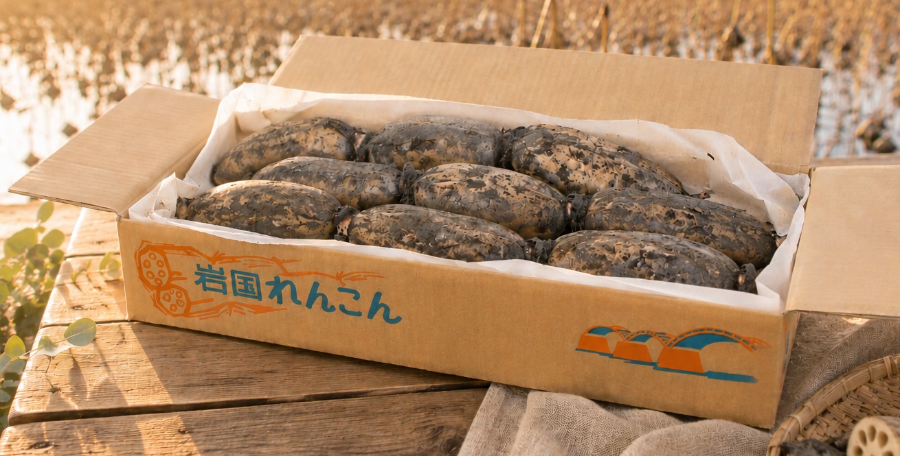 土付きのまま箱詰めした岩国れんこん