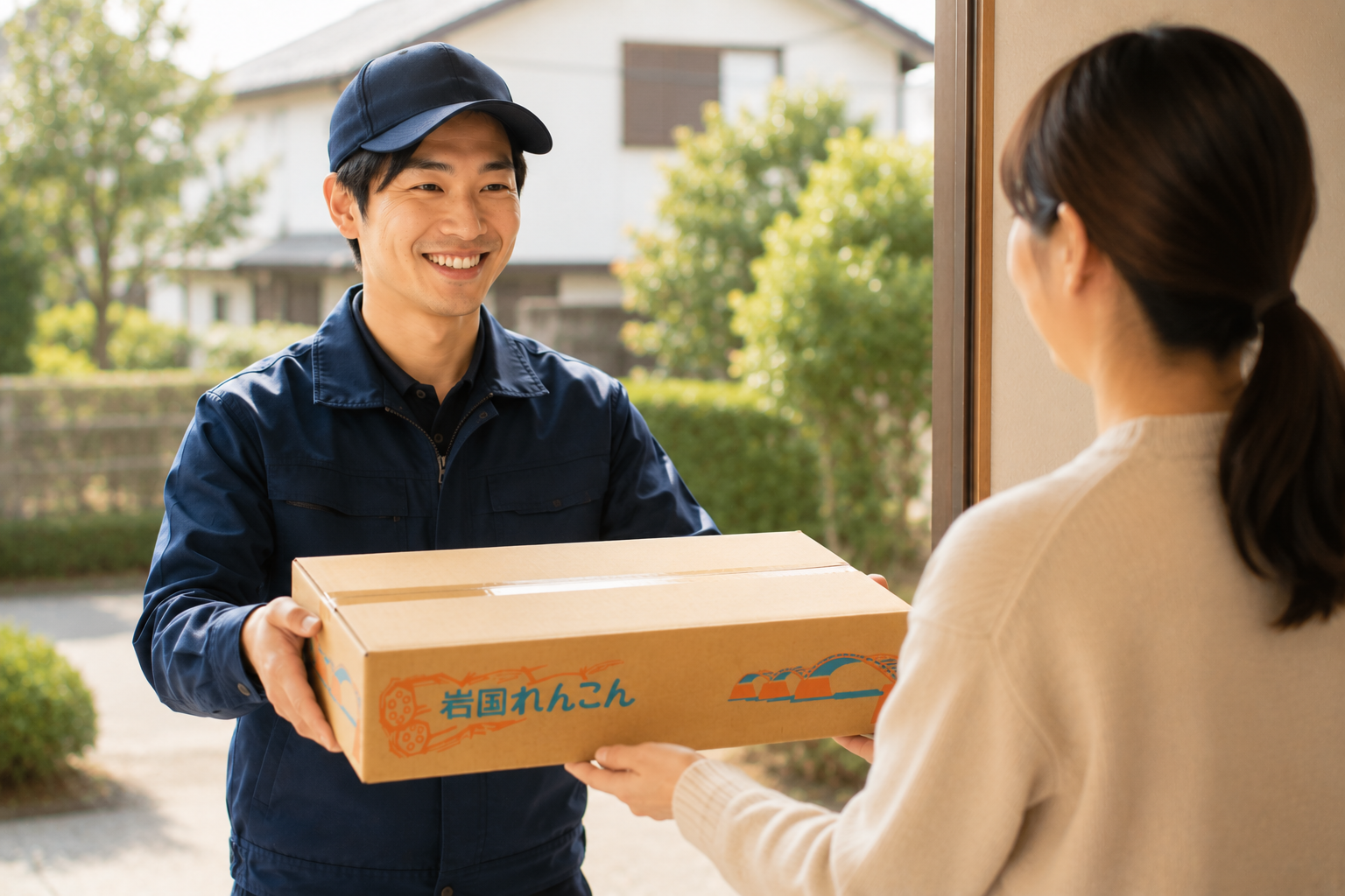岩国れんこんの箱を手渡す