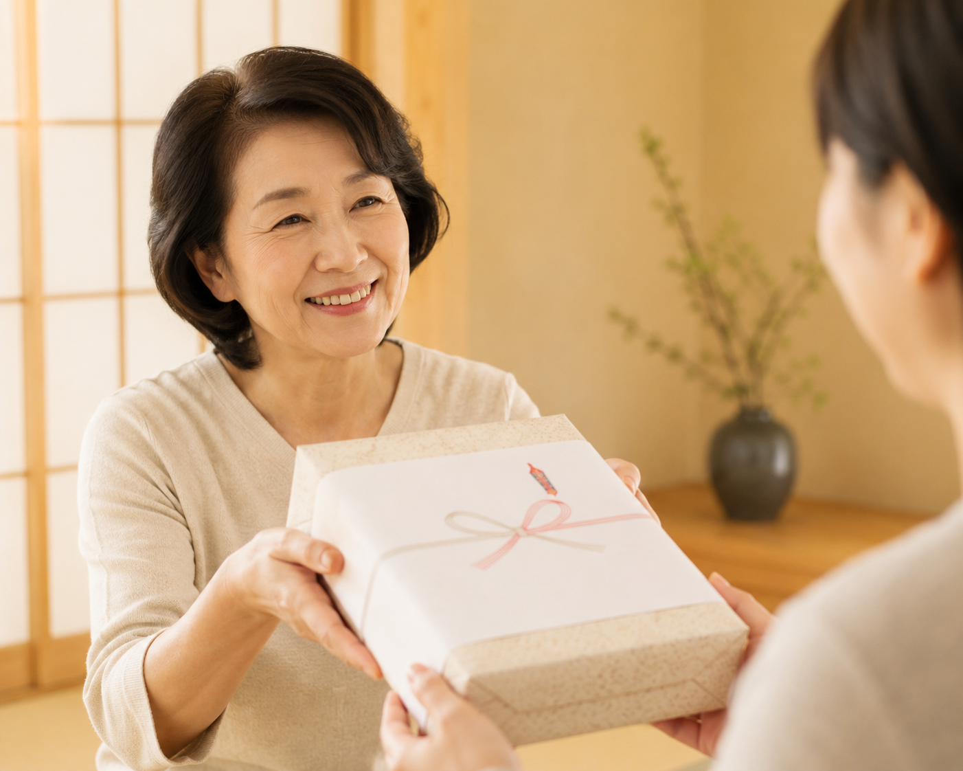 お歳暮の贈り物を手渡す様子
