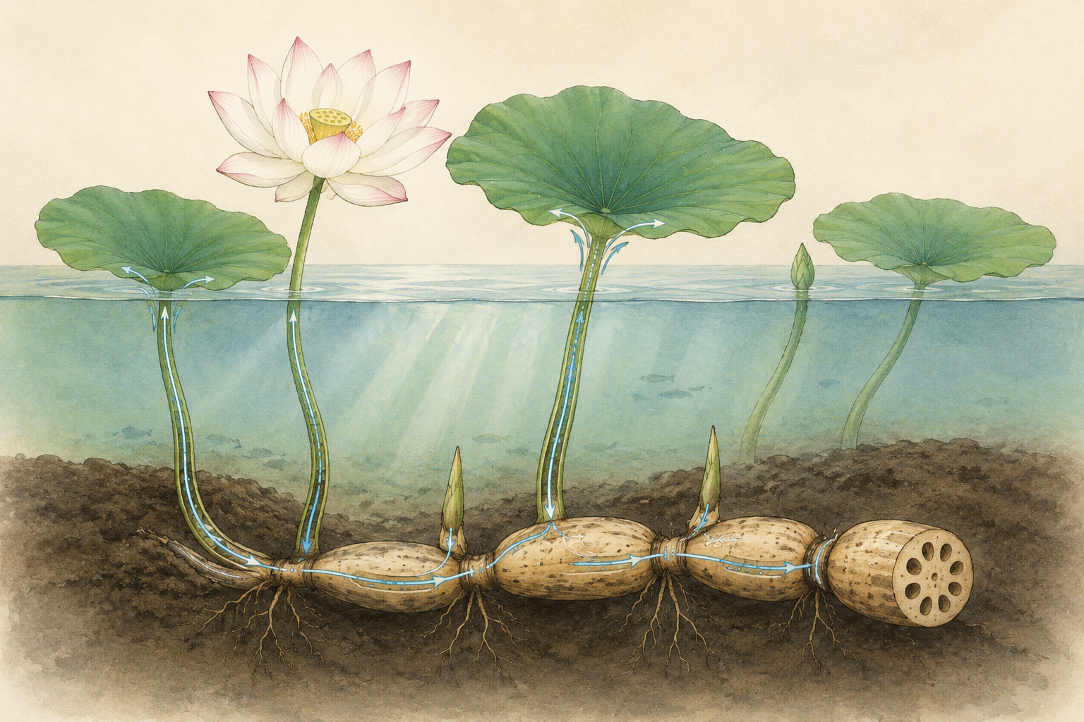 蓮の花と、水中で育つ地下茎（れんこん）の図解