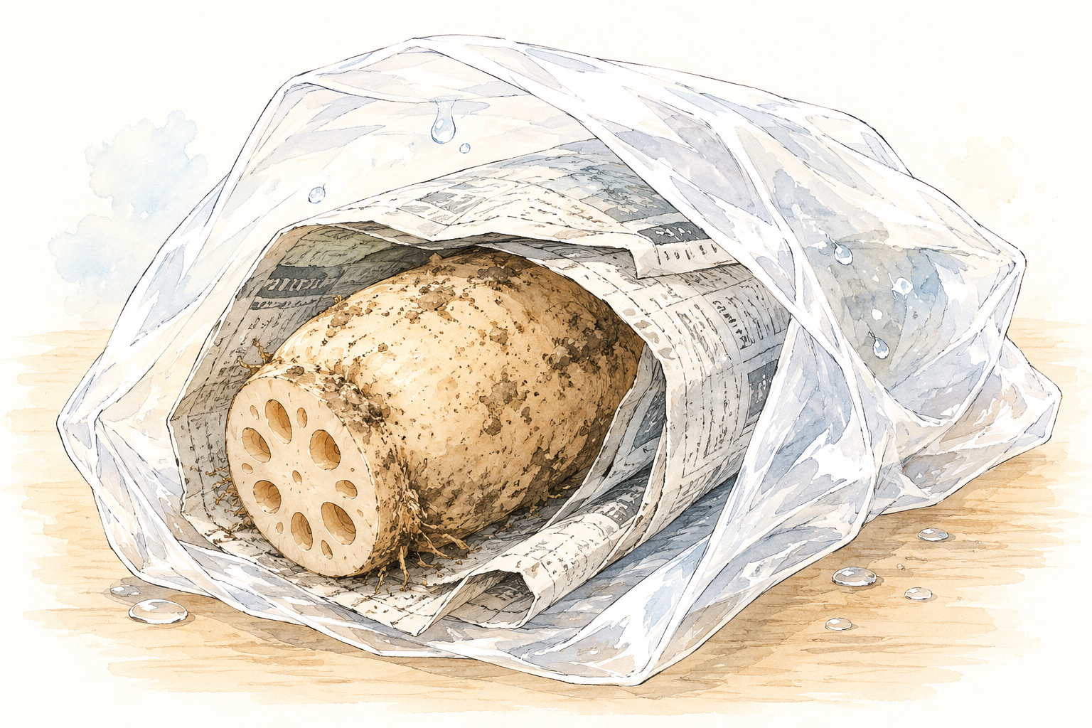 新聞紙に包んでポリ袋に入れた土付きれんこんのイラスト